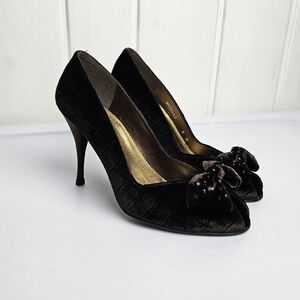 Stuart Weitzman Brown Velvet Snake Skin RhinestoneBow Leather Peeptoe Heels